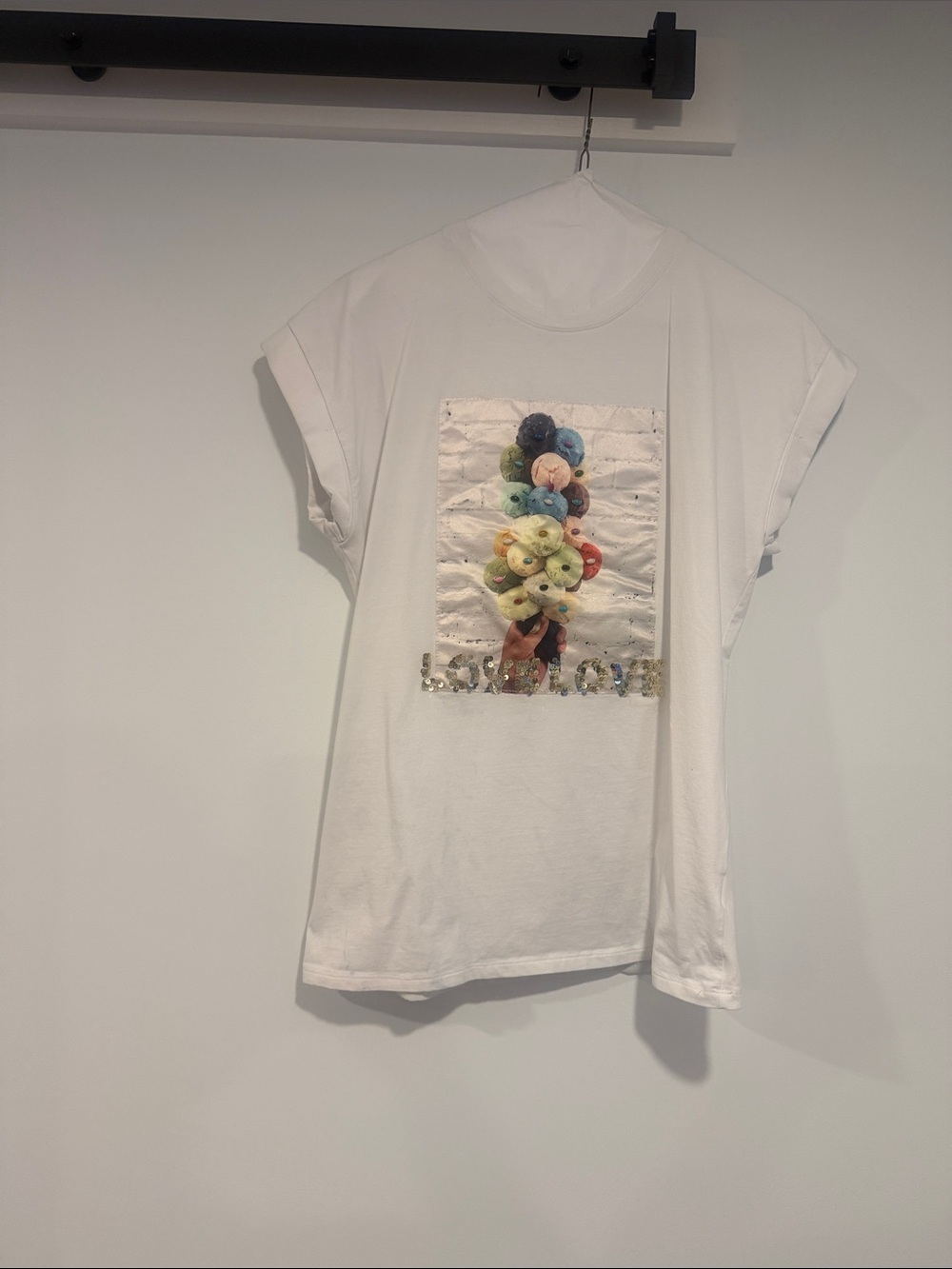 Love Love White Women’s Graphic Short Sleeve Tee with Beaded Flower Motif